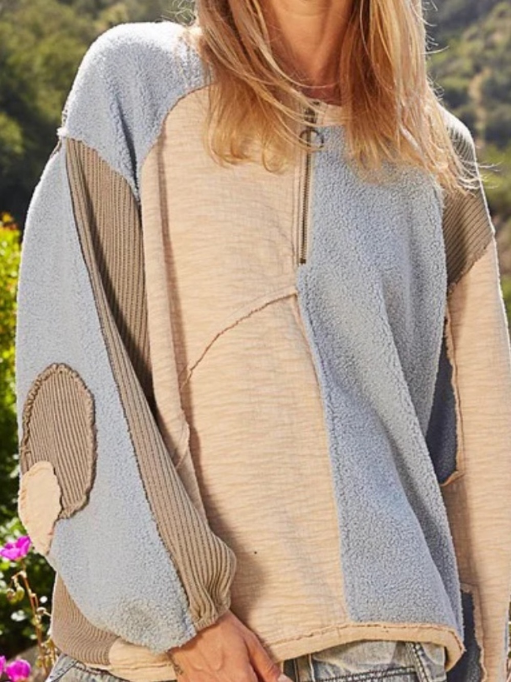 POL COLOR BLOCK HALF ZIP DROPPED SHOULDER SWEATSHIRT - Picture 1 of 8